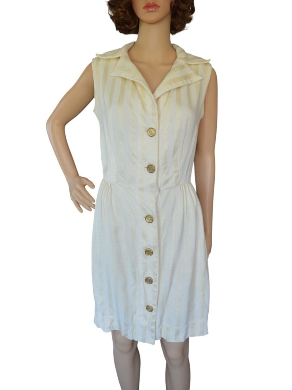 Vintage 70s Handmade Cream Yellow Vertical Striped Button Down Shirt Dress Size